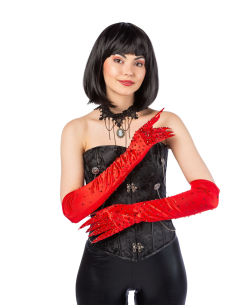 Gants Longs Rouges Glamour avec Clous et Pierres Scintillantes – Accessoire Halloween & Cabaret
