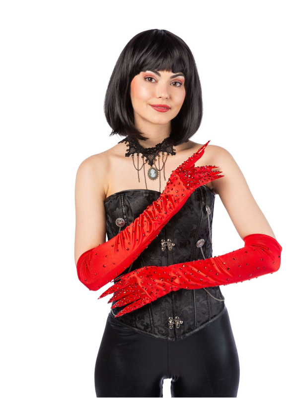 Gants Longs Rouges Glamour avec Clous et Pierres Scintillantes – Accessoire Halloween & Cabaret
