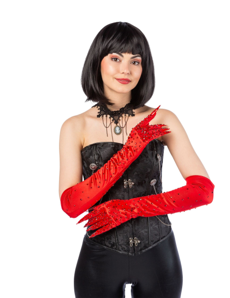 Gants Longs Rouges Glamour avec Clous et Pierres Scintillantes – Accessoire Halloween & Cabaret