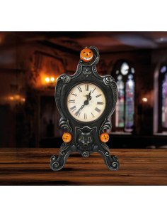 Horloge Halloween en Résine 24×14 cm – Chat Noir & Citrouilles Rieuses 2