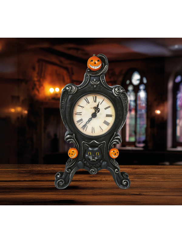 Horloge Halloween en Résine 24×14 cm – Chat Noir & Citrouilles Rieuses