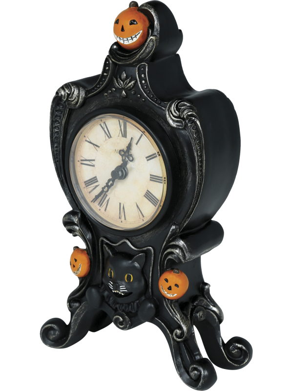 Horloge Halloween en Résine 24×14 cm – Chat Noir & Citrouilles Rieuses