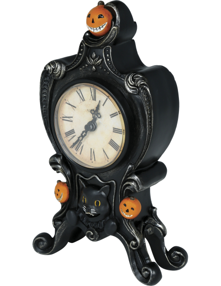Horloge Halloween en Résine 24×14 cm – Chat Noir & Citrouilles Rieuses
