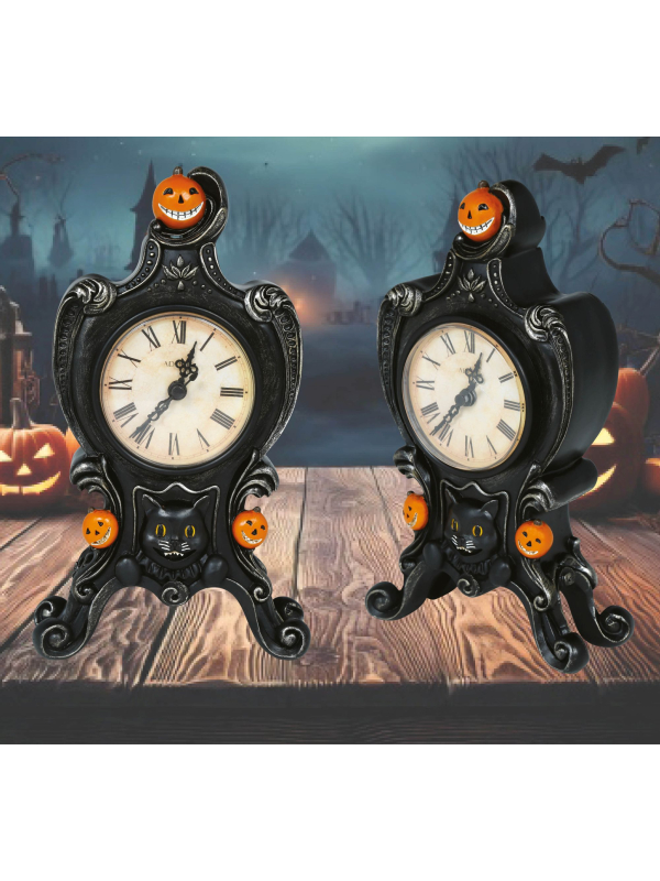 Horloge Halloween en Résine 24×14 cm – Chat Noir & Citrouilles Rieuses
