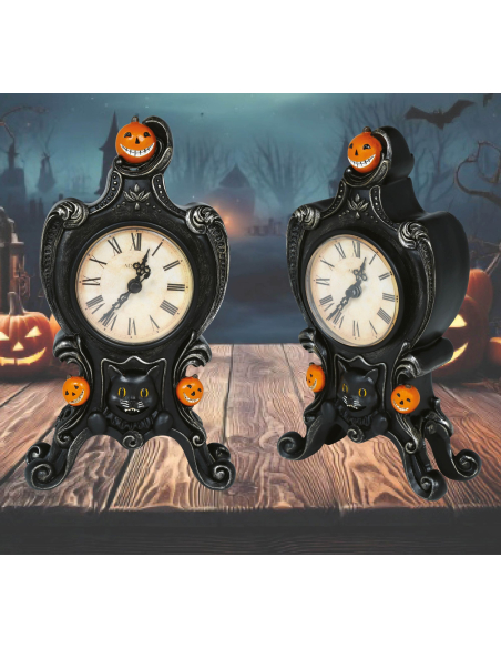 Horloge Halloween en Résine 24×14 cm – Chat Noir & Citrouilles Rieuses