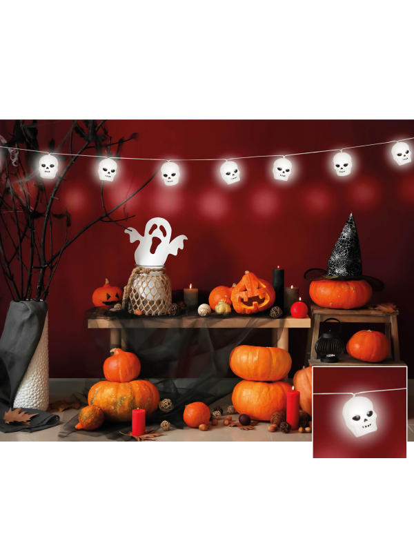 Guirlande lumineuse Halloween 12 crânes – Déco effrayante 220 cm