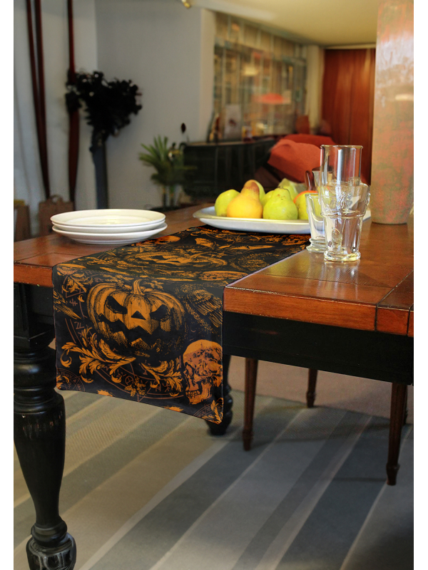 Chemin de Table Halloween Baroque Gothique Citrouille & Crânes – 275 × 28 cm