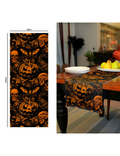 Chemin de Table Halloween Baroque Gothique Citrouille & Crânes – 275 × 28 cm