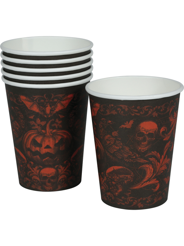 Lot de 6 Gobelets Halloween Baroque Gothique Citrouille & Crânes – 240 ml