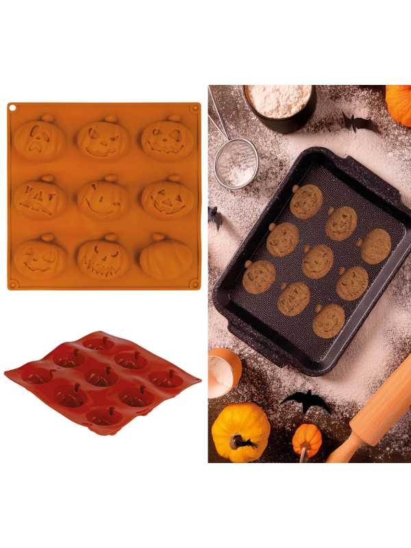 Moule Halloween en silicone 9 citrouilles – Recettes sucrées & salées (24 x 25 cm)
