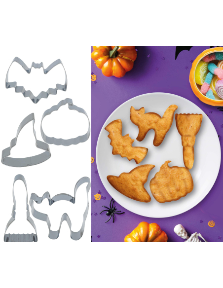 Set de 5 moules emporte-pièce Halloween en métal – Citrouille, Chat, Chauve-souris, Chapeau & Balai