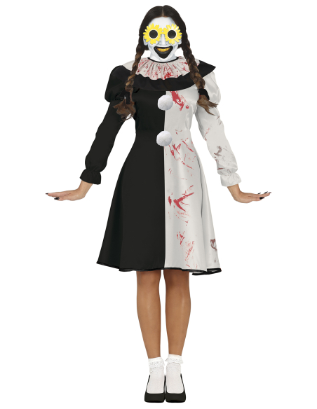 Déguisement Clown de l’Horreur Halloween Femme – Costume Noir & Blanc avec Collerette