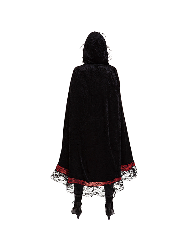 Cape Gothique à Capuche en Velours & Dentelle – Élégance Sombre pour Halloween