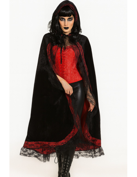 Cape Gothique à Capuche en Velours & Dentelle – Élégance Sombre pour Halloween
