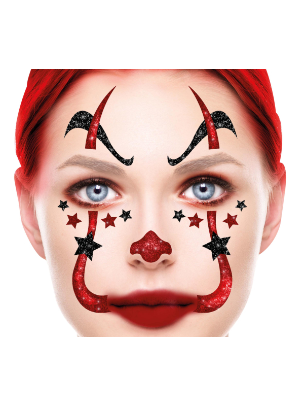 Tatouages visage clown rouge & noir – Maquillage Halloween facile et rapide