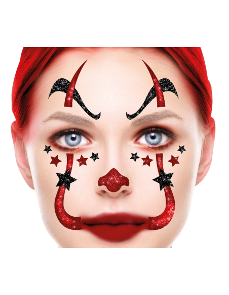 Tatouages visage clown rouge & noir – Maquillage Halloween facile et rapide