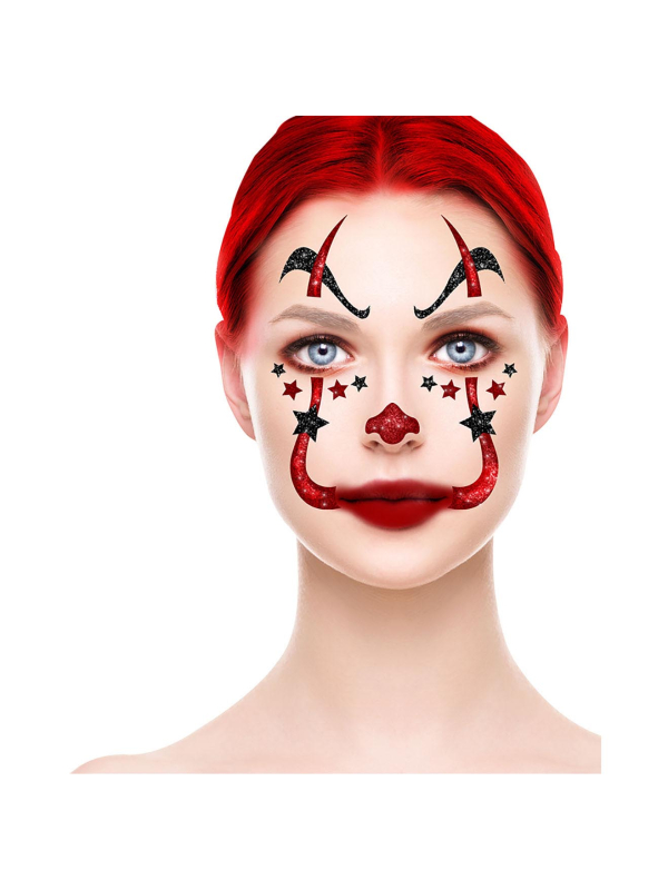 Tatouages visage clown rouge & noir – Maquillage Halloween facile et rapide