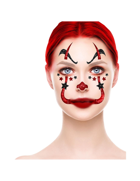 Tatouages visage clown rouge & noir – Maquillage Halloween facile et rapide