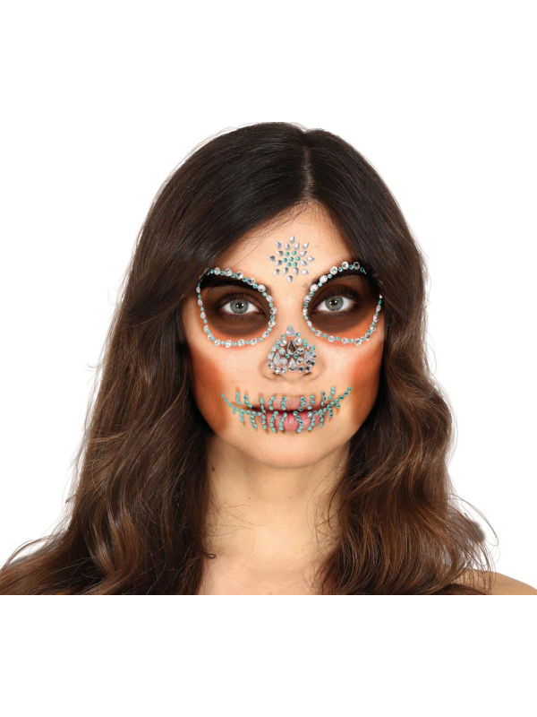 Bijoux visage adhésifs tête de mort vert – Look Dia de los Muertos