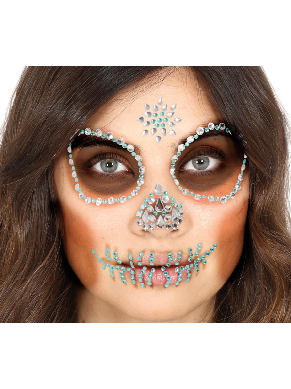 Bijoux visage adhésifs tête de mort vert – Look Dia de los Muertos