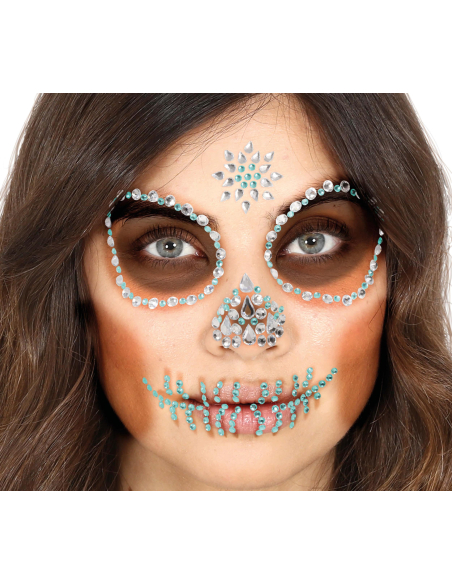 Bijoux visage adhésifs tête de mort vert – Look Dia de los Muertos