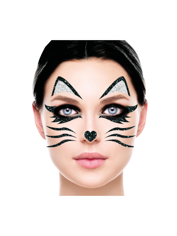 Tatouages visage chat pailleté – Maquillage Halloween & Carnaval facile