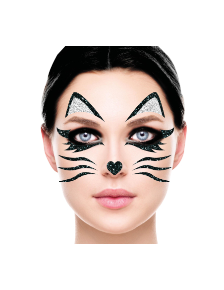 Tatouages visage chat pailleté – Maquillage Halloween & Carnaval facile