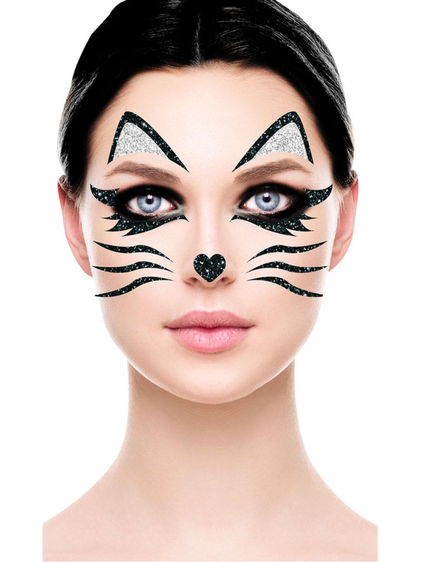 Tatouages visage chat pailleté – Maquillage Halloween & Carnaval facile