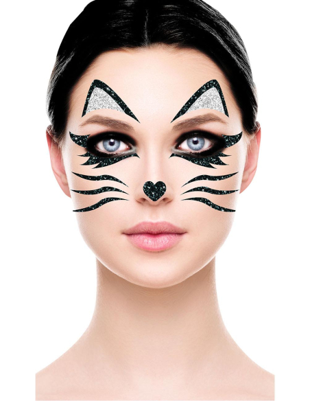 Tatouages visage chat pailleté – Maquillage Halloween & Carnaval facile