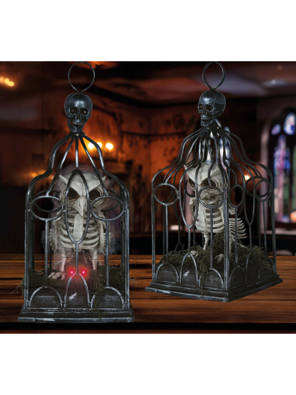 Automate Chouette Squelette en Cage – Lumière, Son & Mouvement (Halloween)