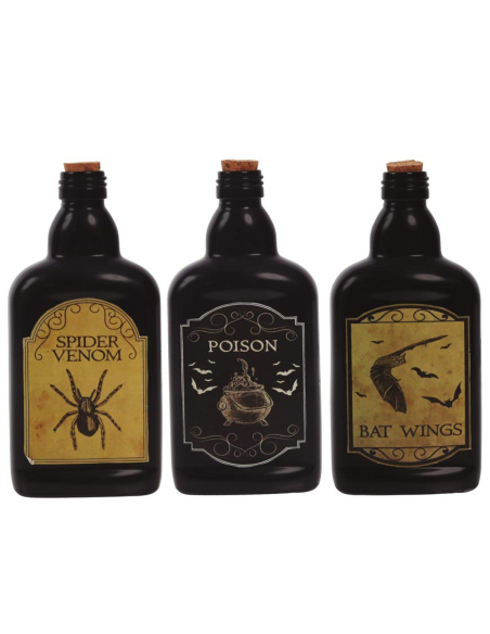 Bouteille de Sorcellerie Halloween 19 cm – Modèle Aléatoire (Poison, Venin ou Ailes de Chauve-Souris)