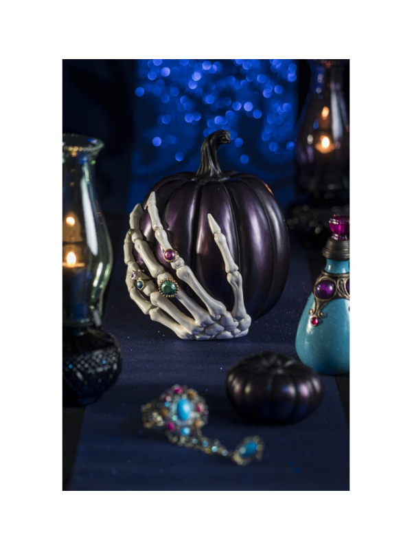 Citrouille bijou gothique 27 cm avec main squelette – Décoration Halloween