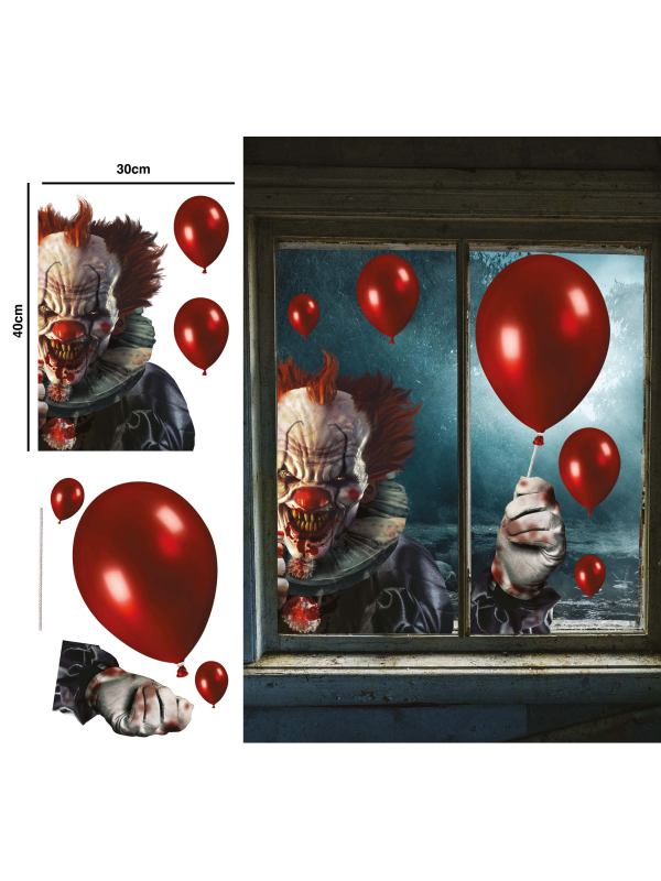 Stickers Clown de l’Horreur avec Ballons Rouges – Déco Fenêtre Halloween