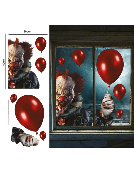 Stickers Clown de l’Horreur avec Ballons Rouges – Déco Fenêtre Halloween