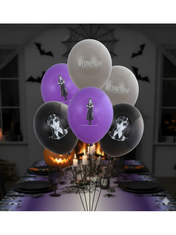 Ballons Mercredi Addams officiels – Wednesday™ set de 6 en latex 27 cm
