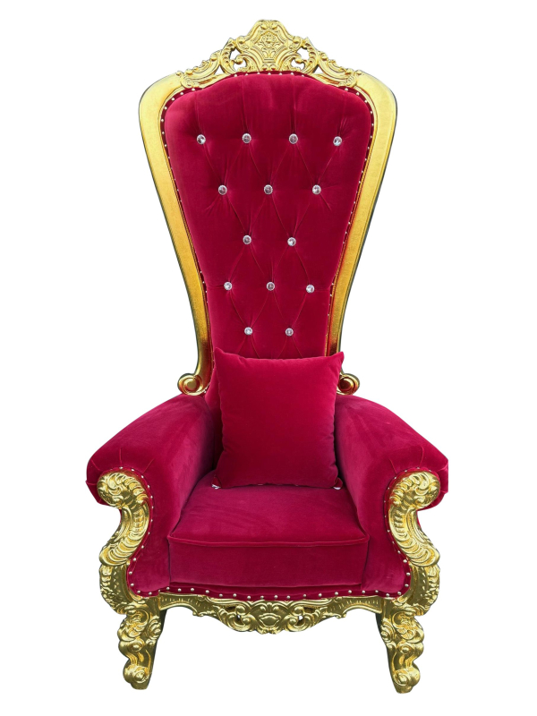 Fauteuil de Père Noël en bois doré et velours rouge – 1,80 m