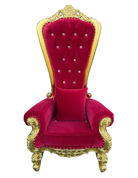 Fauteuil de Père Noël en bois doré et velours rouge – 1,80 m