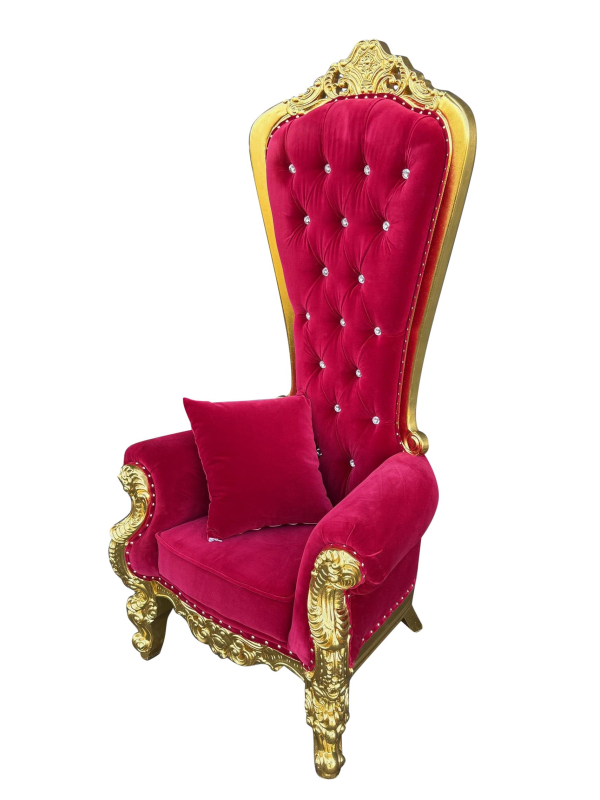 Fauteuil de Père Noël en bois doré et velours rouge – 1,80 m
