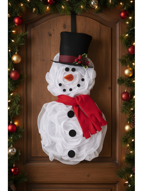 Couronne de Porte Bonhomme de Neige – Décoration Blanche de Noël