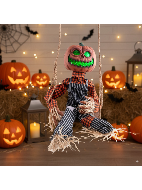 Citrouille épouvantail animée sur balançoire Halloween