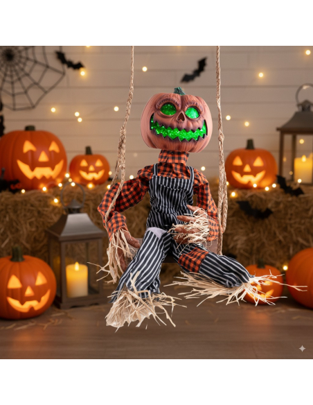 Citrouille épouvantail animée sur balançoire Halloween
