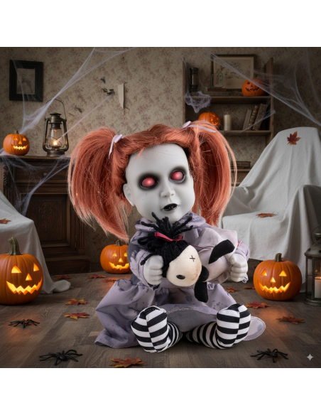 Automate Halloween Fillette Fantôme 26 cm arrachant la tête de sa peluche