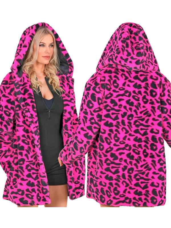 Manteau Léopard Rose Fluo avec Capuche – Fausse Fourrure Mixte Adulte L/XL et XXL