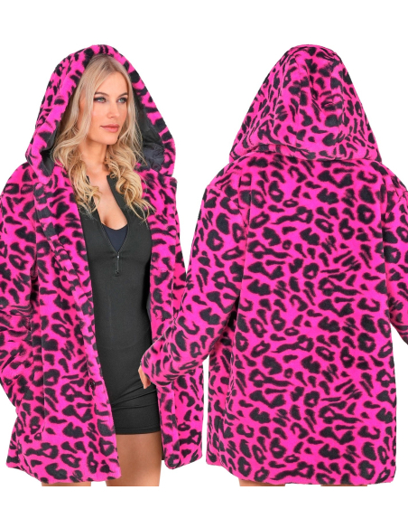 Manteau Léopard Rose Fluo avec Capuche – Fausse Fourrure Mixte Adulte L/XL et XXL