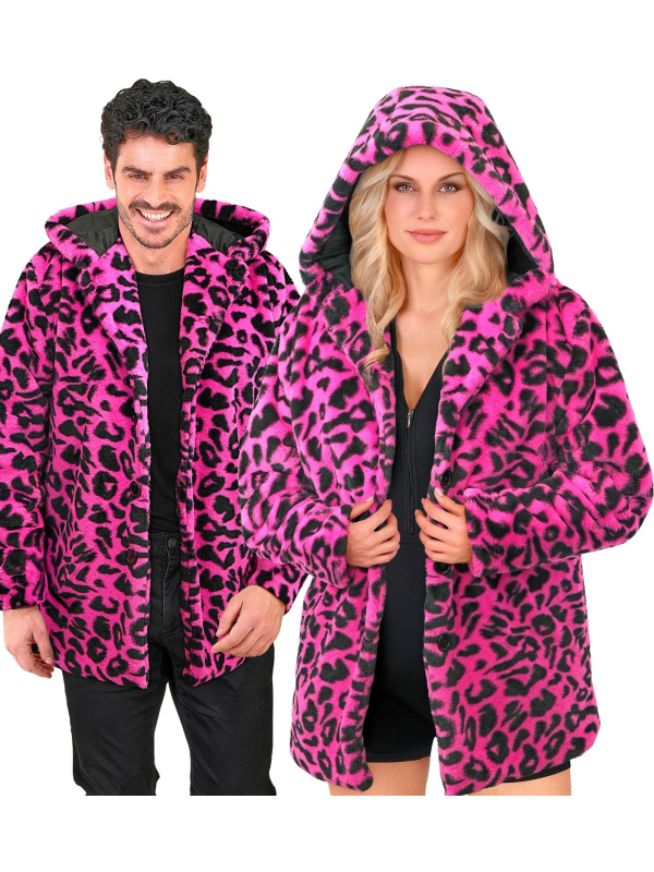 Manteau Léopard Rose Fluo avec Capuche – Fausse Fourrure Mixte Adulte L/XL et XXL