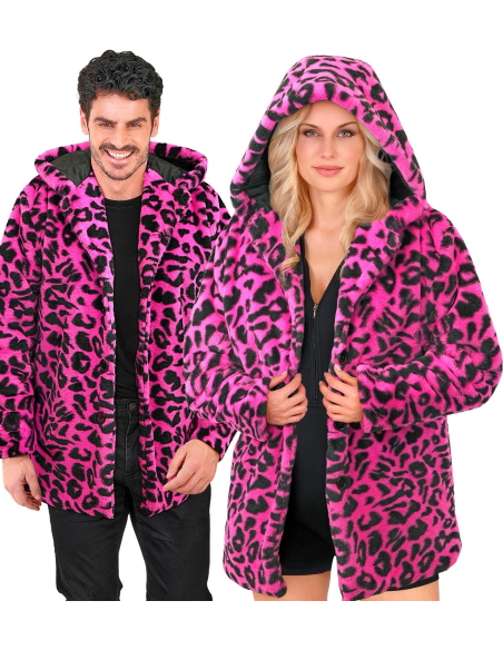 Manteau Léopard Rose Fluo avec Capuche – Fausse Fourrure Mixte Adulte L/XL et XXL