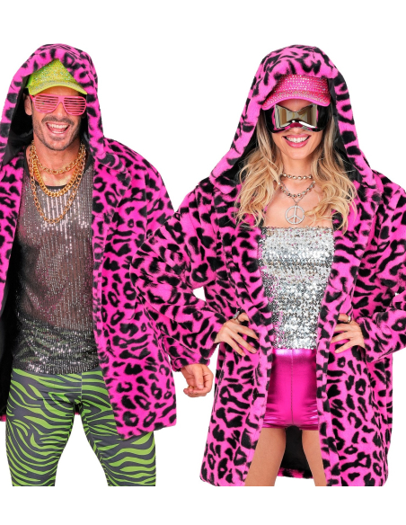 Manteau Léopard Rose Fluo avec Capuche – Fausse Fourrure Mixte Adulte L/XL et XXL