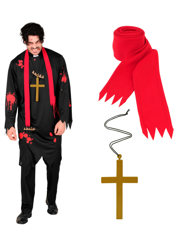 Déguisement Prêtre Zombie Homme Grande Taille XL et XXL – Tenue Halloween avec Croix & Écharpe Rouge