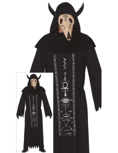 Déguisement culte occulte adulte – Tunique noire à capuche + masque cornu (Taille L 52–54)