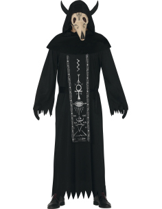 Déguisement culte occulte adulte – Tunique noire à capuche + masque cornu (Taille L 52–54) 2